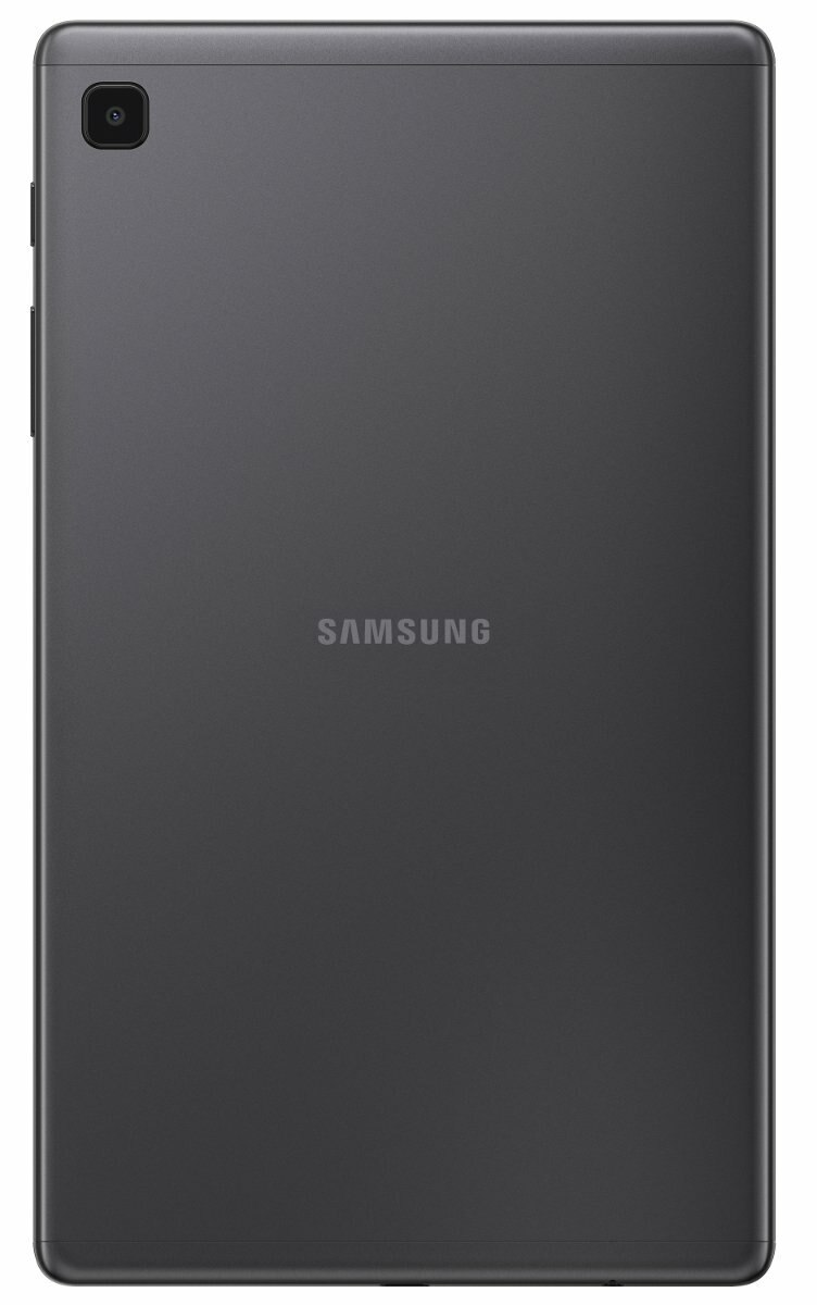 Czarny tablet Samsung, widok z tyłu. Logo Samsung jest wyśrodkowane. Widoczny aparat i przyciski.