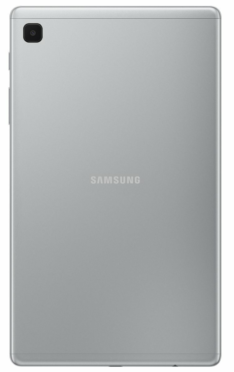 Tył srebrnego tabletu z aparatem i logo Samsung. Białe tło.