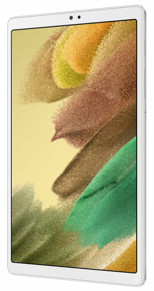 Biały tablet z boku. Kolorowe abstrakcyjne tło z odcieniami zieleni i brązu.