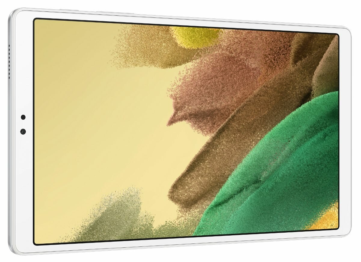 Tablet z białą ramką i ekranem wyświetlającym kolorowe, abstrakcyjne tło, widok z bliska.