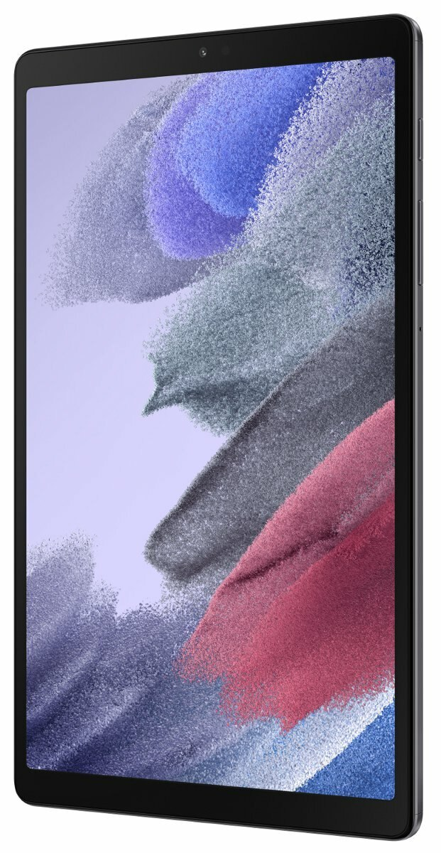 Tablet z kolorowym abstrakcyjnym wyświetlaczem. Czarna ramka, widok z boku.