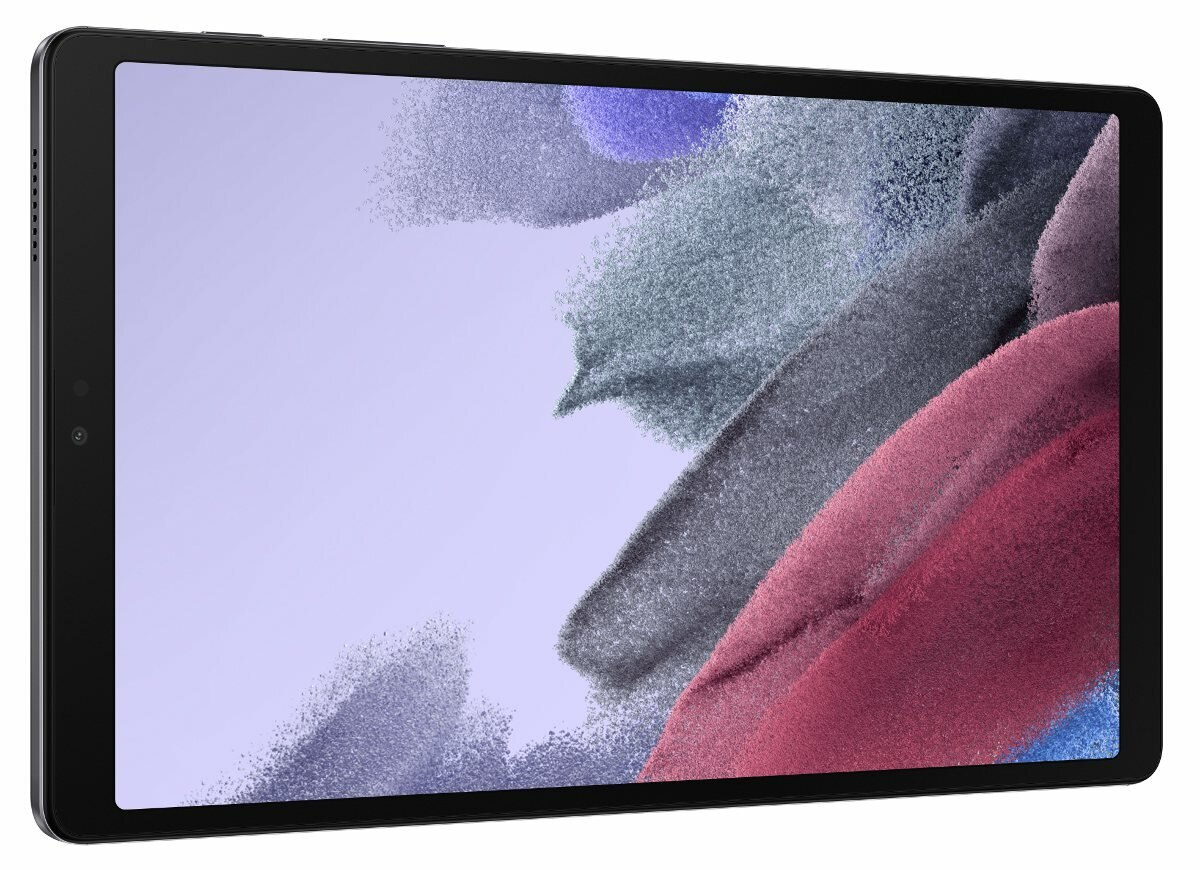 Tablet z kolorowym, abstrakcyjnym tłem. Widok z perspektywy.