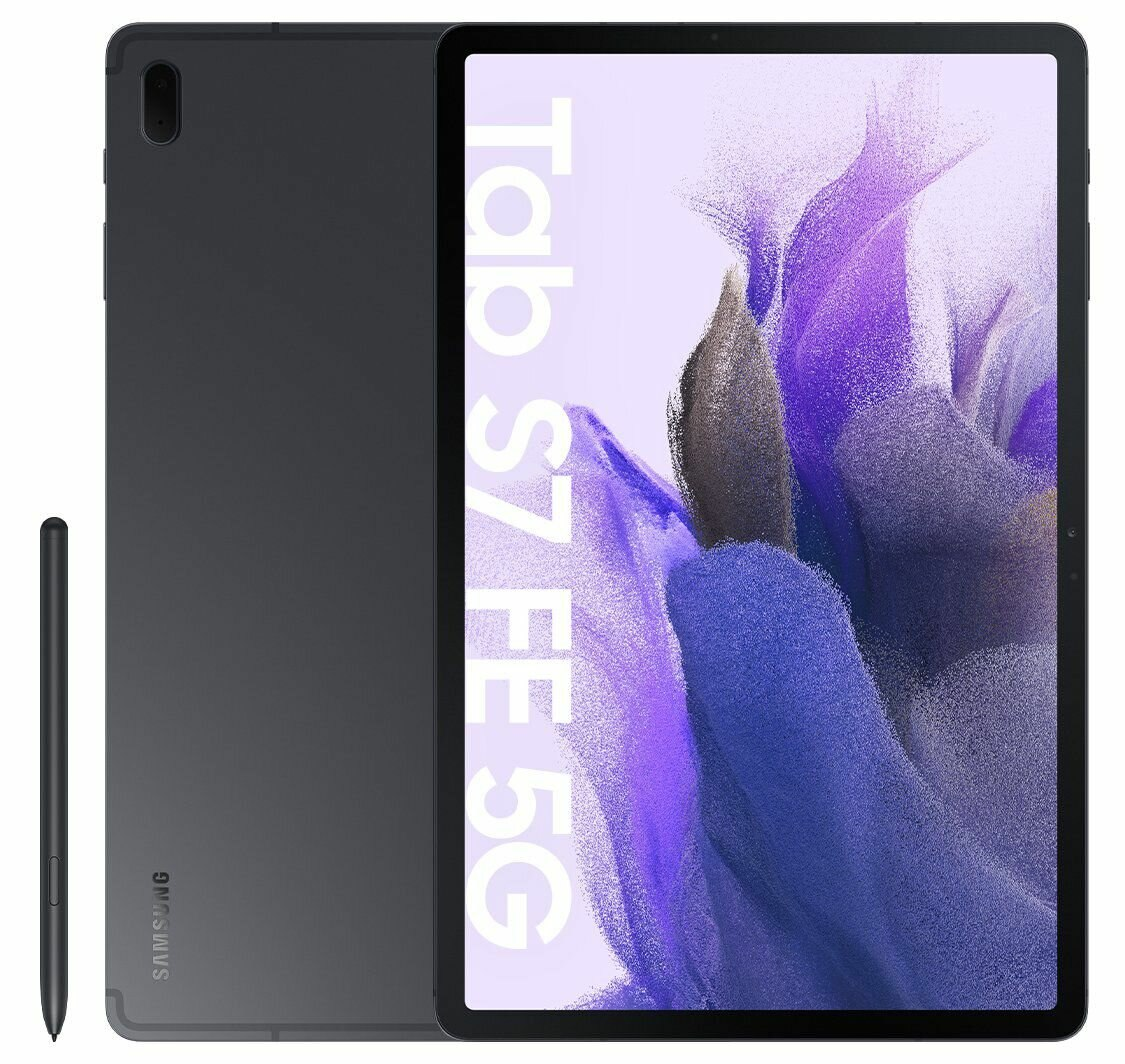 Tablet Samsung Galaxy Tab S7 FE 5G, szary, z rysikiem, na białym tle.