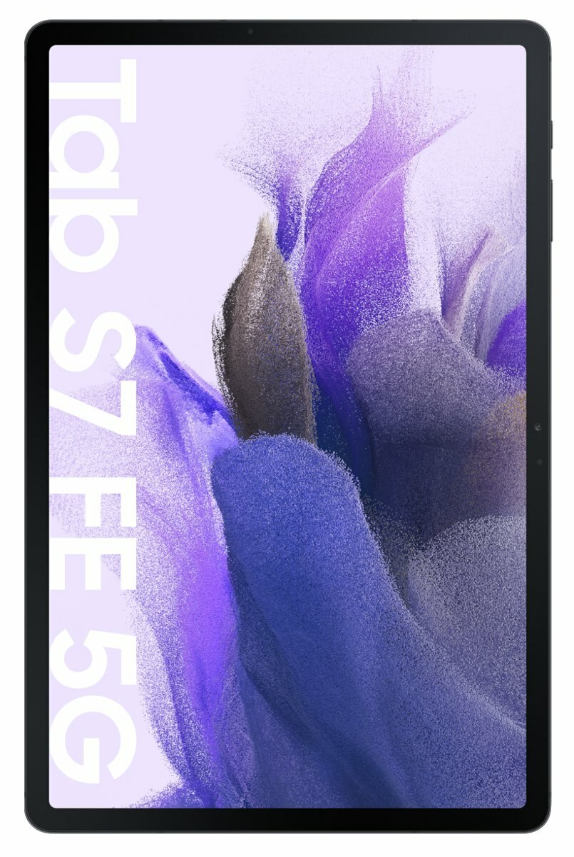 Tablet z białym ekranem i tekstem Tab S7 FE 5G.