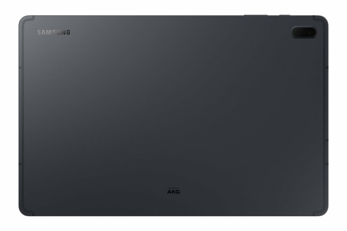 Tył ciemnoszarego tabletu Samsung z aparatem i logo AKG.