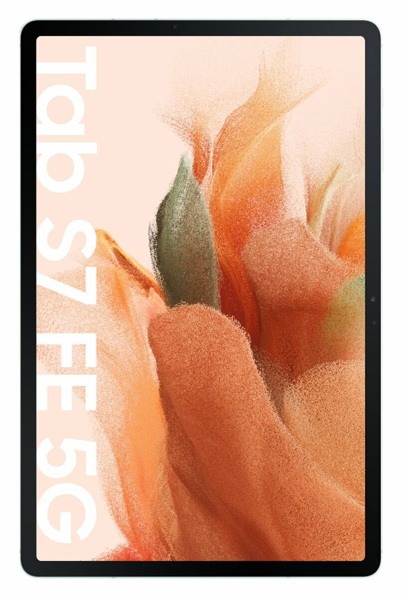 Tablet z różową i pomarańczową grafiką na ekranie, czarną ramką, białym tekstem. Białe tło.
