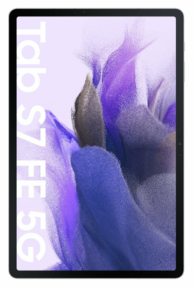 Tablet z ekranem wyświetlającym tekst i abstrakcyjną grafikę.