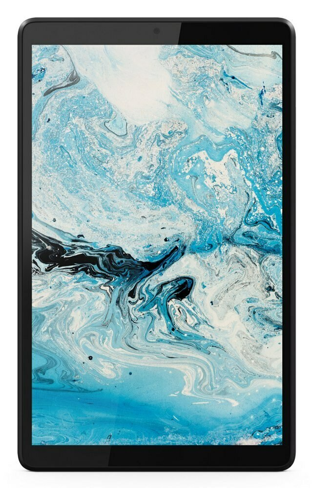 Czarny tablet z niebiesko-białym abstrakcyjnym tłem artystycznym.