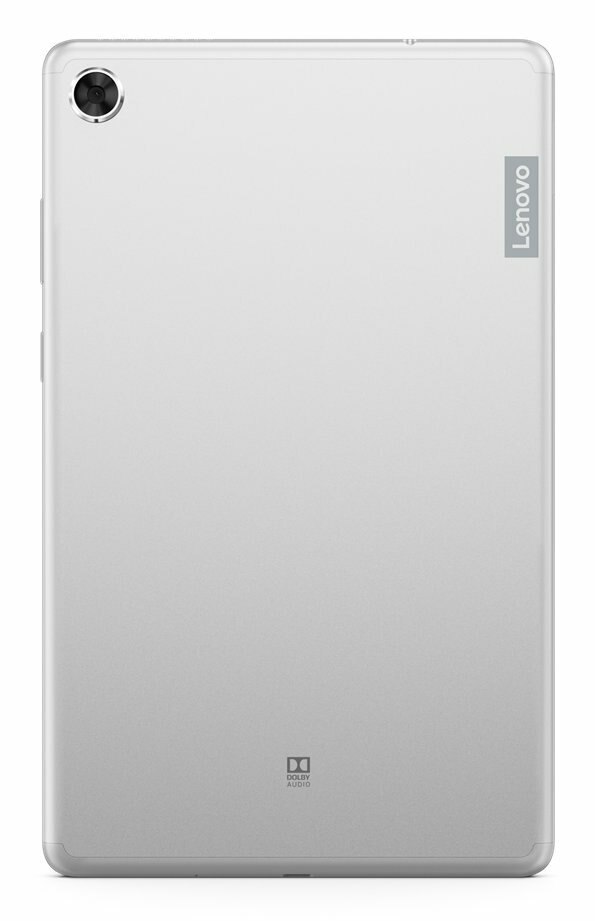 Tył srebrnego tabletu z logo Lenovo i symbolem Dolby. Widoczny jest aparat.