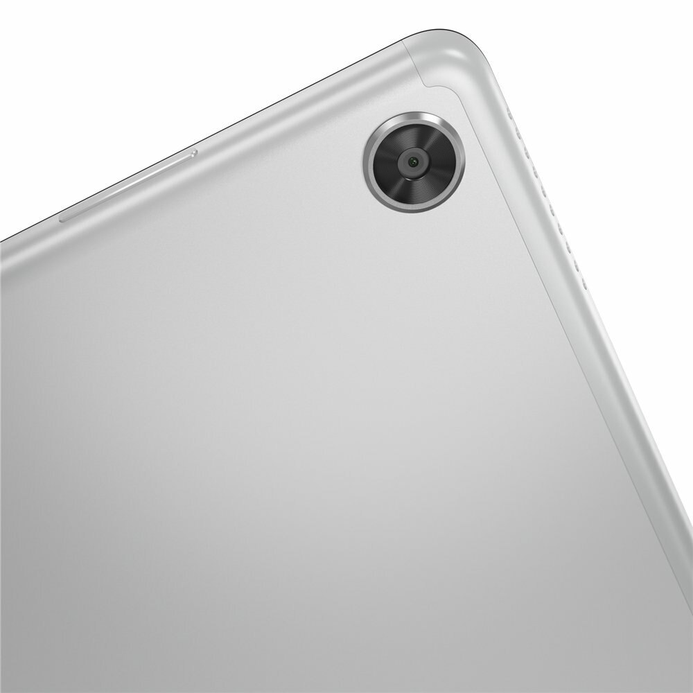 Srebrny tablet, pokazujący tył z obiektywem aparatu na białym tle.