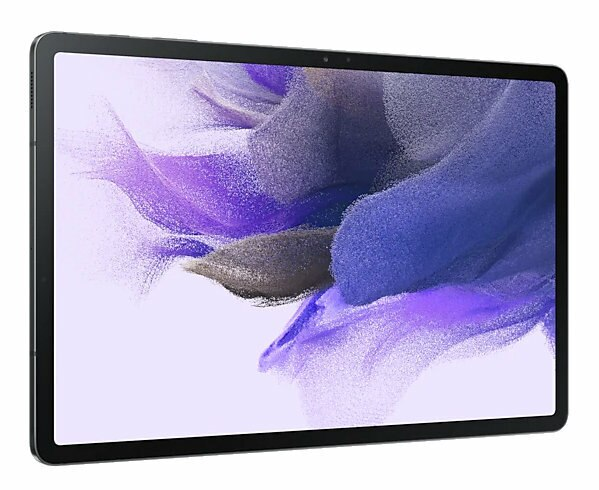 Tablet pokazuje ekran z kolorowym obrazem. Ma zielone krawędzie na białym tle.