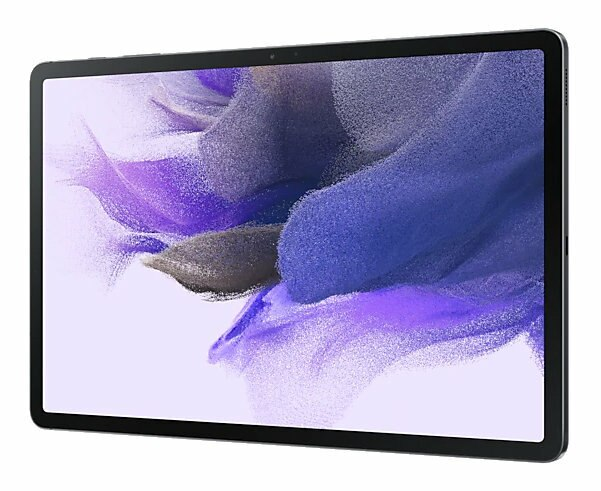 Czarny tablet z białym ekranem wyświetlającym fioletowo-biały wzór.
