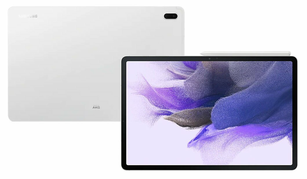 Biały tablet z widokiem z tyłu i z przodu. Pióro znajduje się na górze przedniej strony tabletu.