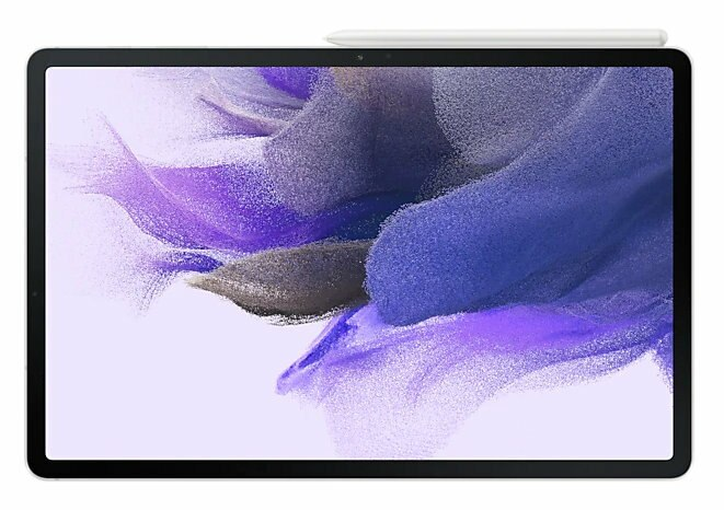 Tablet z białym rysikiem na górze. Ekran pokazuje fioletowy i biały abstrakcyjny wzór.