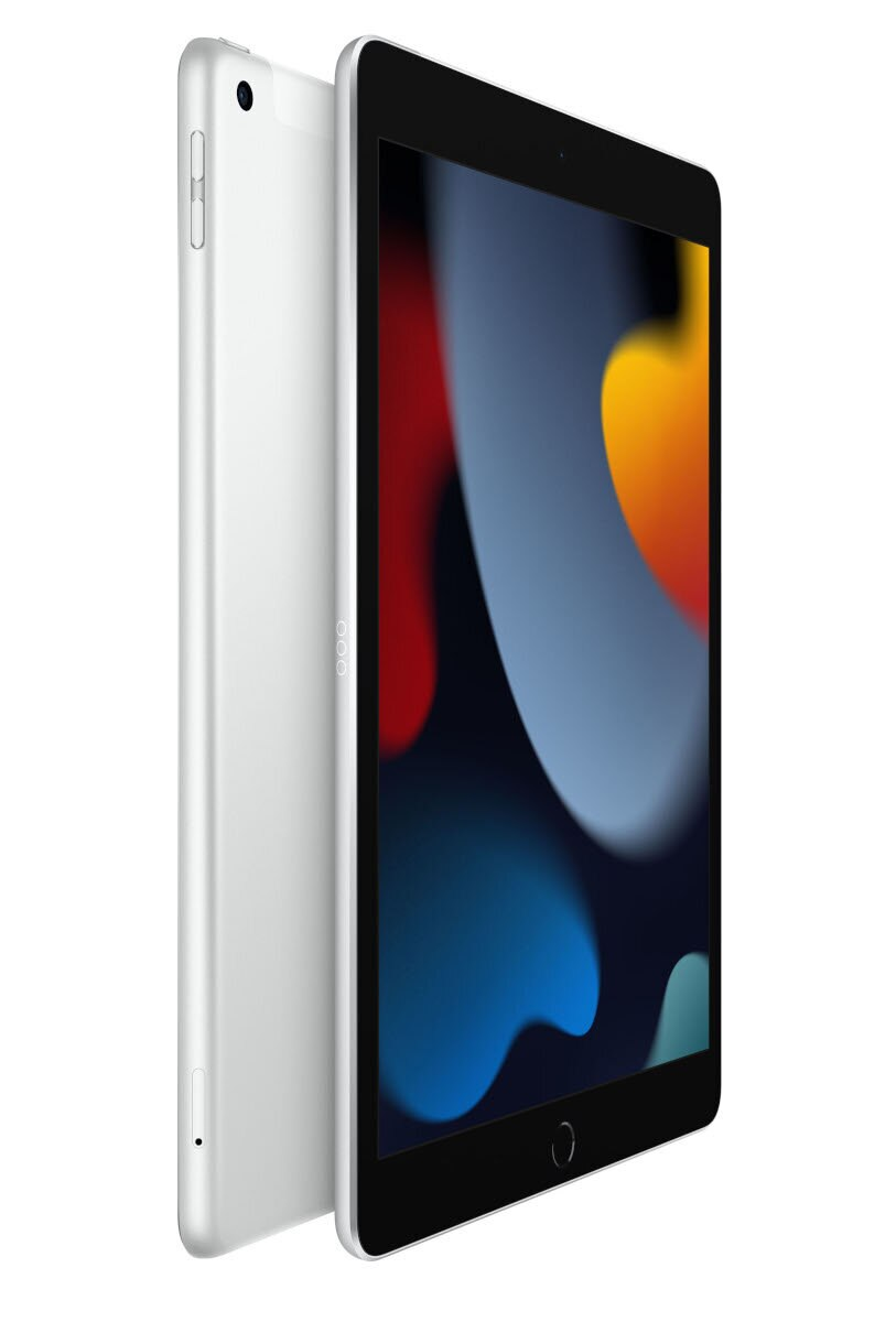 Srebrny tablet na białym tle, pokazujący ekran.