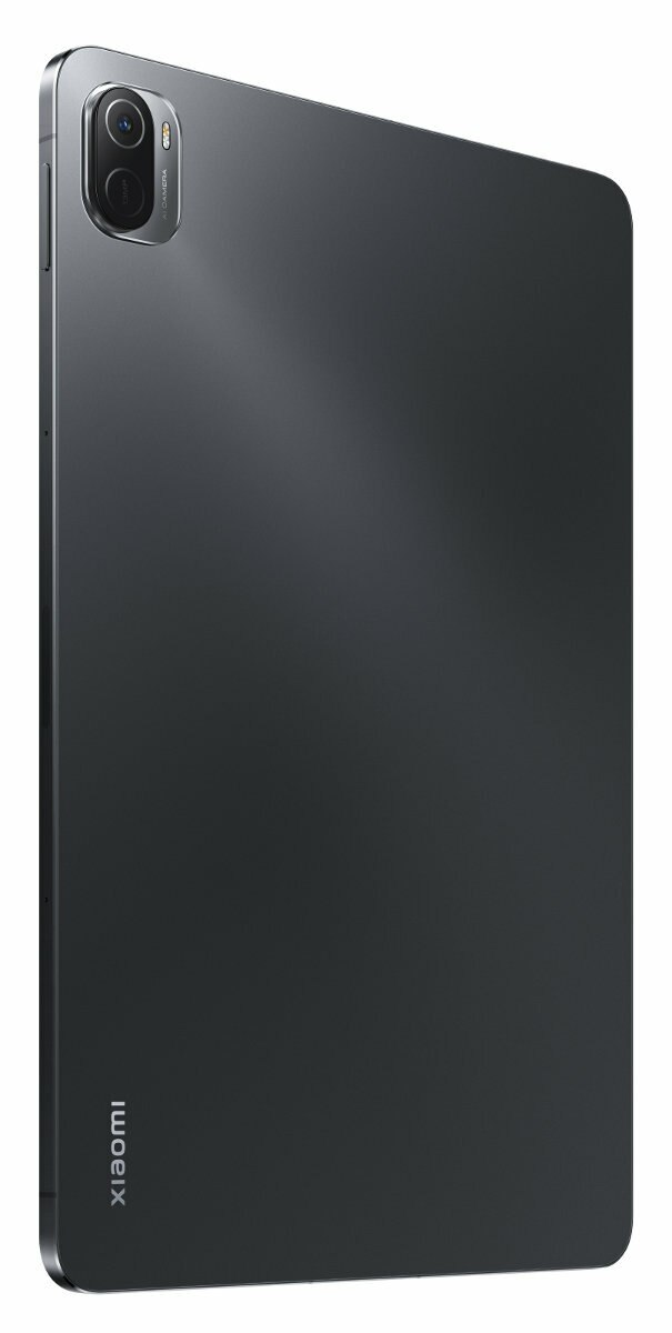 Ciemnoszary tablet lekko pochylony. Pokazuje tył z logo Xiaomi.