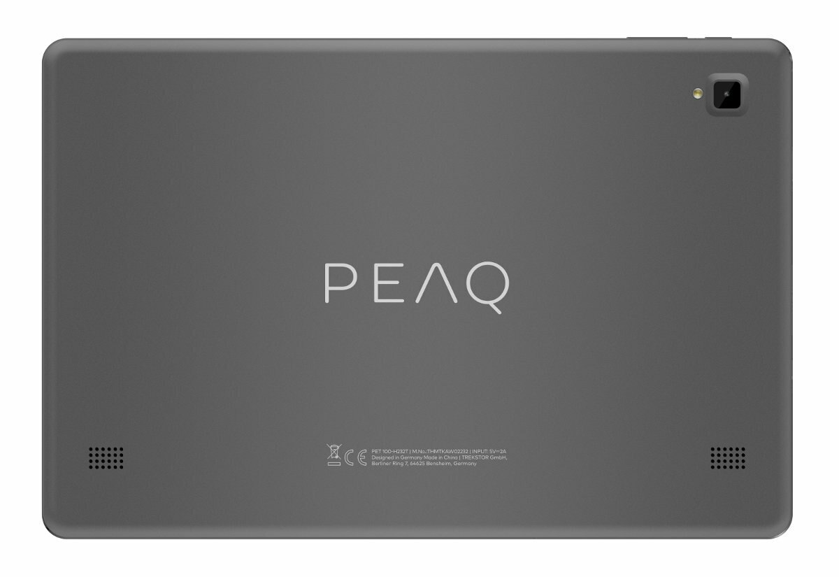 Tył szarego tabletu ze słowem 'PEAQ', kamerą i widocznymi otworami głośników.