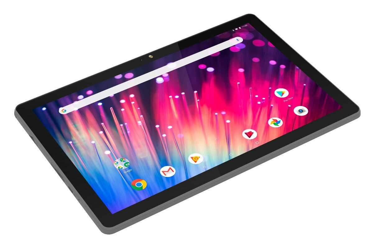 Tablet z kolorowym ekranem, pokazujący ikony aplikacji. Tablet ma szarą ramkę.