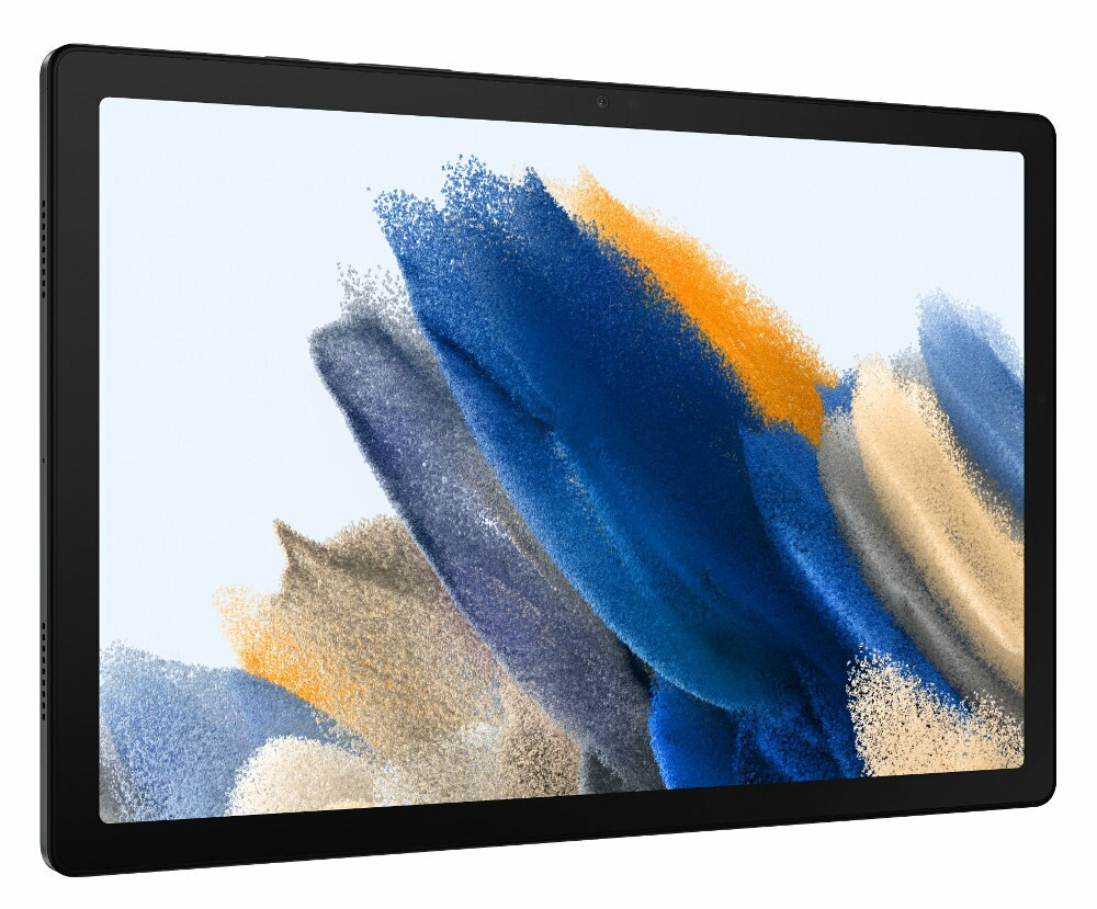 Czarny tablet z żywym ekranem. Wyświetla kolorowe abstrakcyjne kształty w kolorze niebieskim, pomarańczowym, złotym.