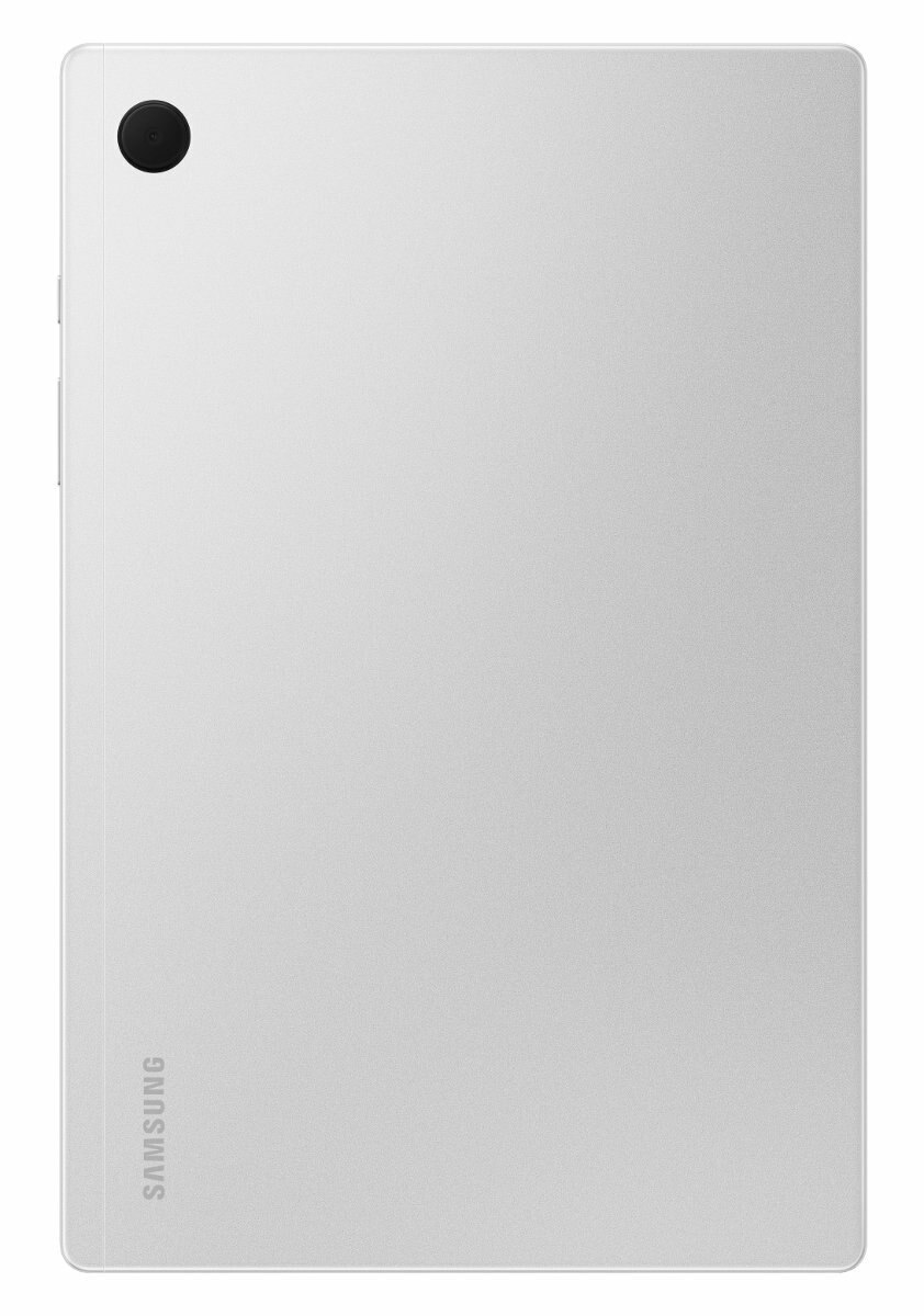 Srebrny tył tabletu z aparatem i logo Samsung. Minimalistyczny design.