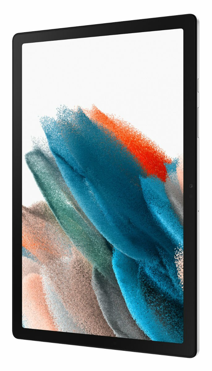 Tablet z czarną ramką. Ekran wyświetla abstrakcyjne, kolorowe kształty. Tło jest białe.