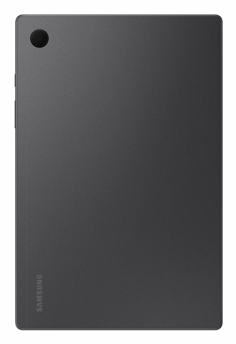 Tył szarego tabletu. Pokazuje aparat i logo Samsung.