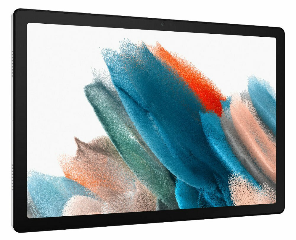 Tablet wyświetlający kolorowy abstrakcyjny obraz. Czarna ramka z aparatem na górze.