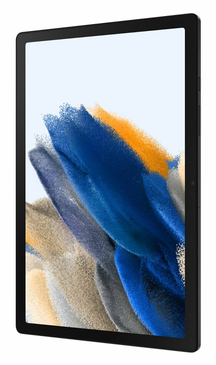 Czarny tablet pod kątem, wyświetlający kolorowy, abstrakcyjny obraz.