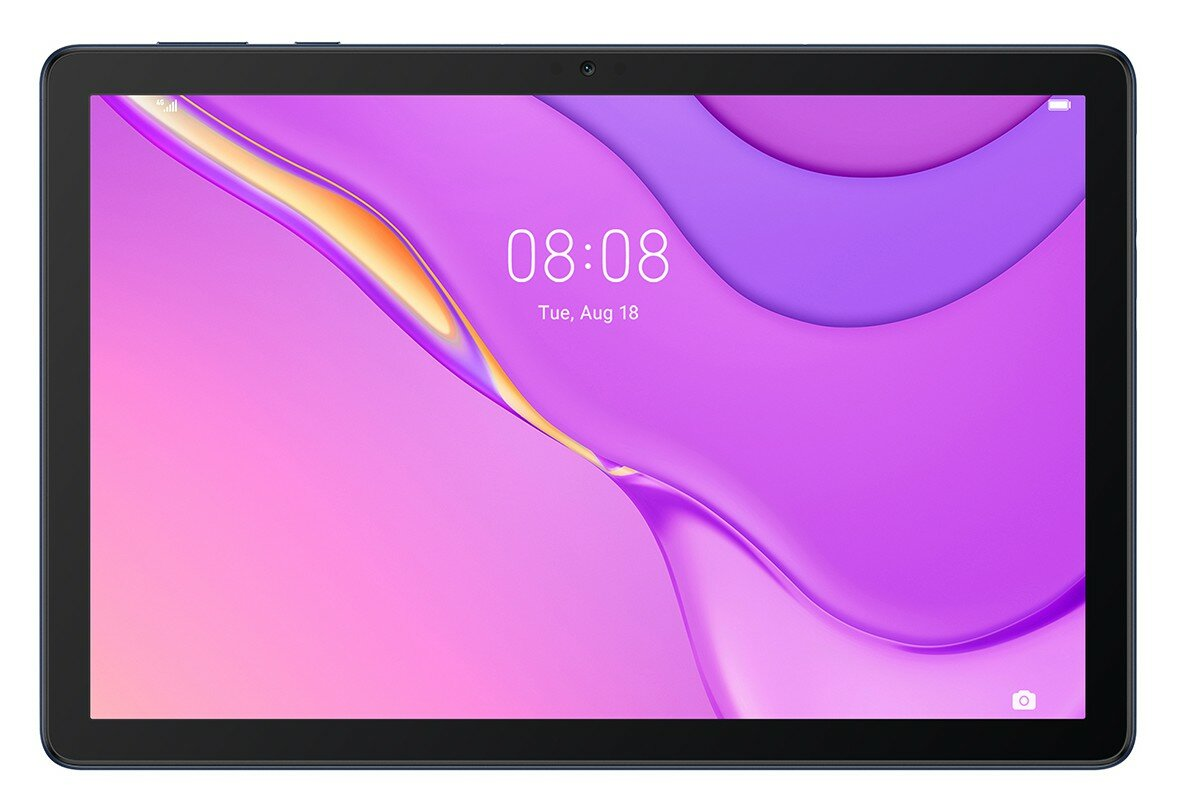 Tablet z fioletowym i różowym ekranem, pokazujący godzin ę i datę. Ramka jest granatowa.