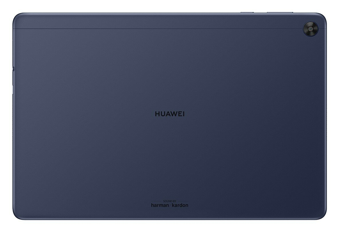 Tył niebieskiego tabletu Huawei. Widoczne jest logo Huawei i Sound by Harman Kardon.