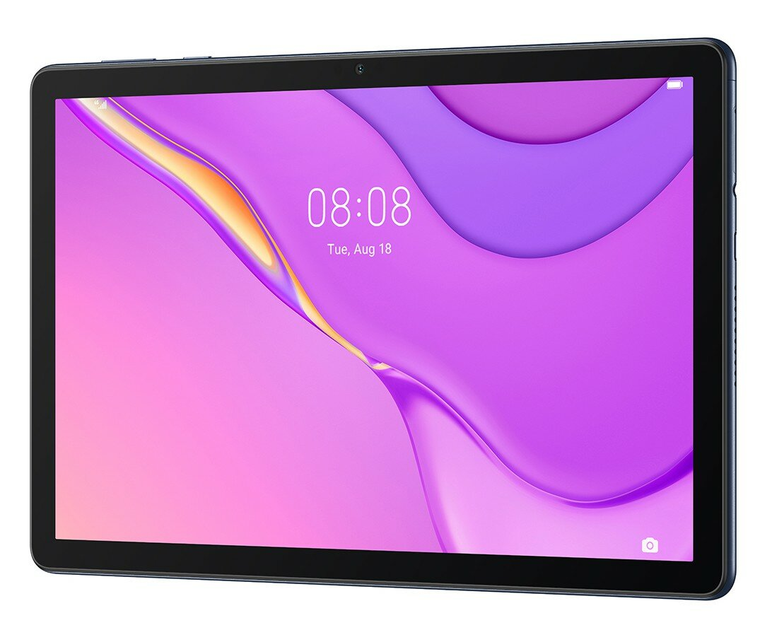 Tablet z kolorowym, abstrakcyjnym tłem. Data i godzina są na ekranie.
