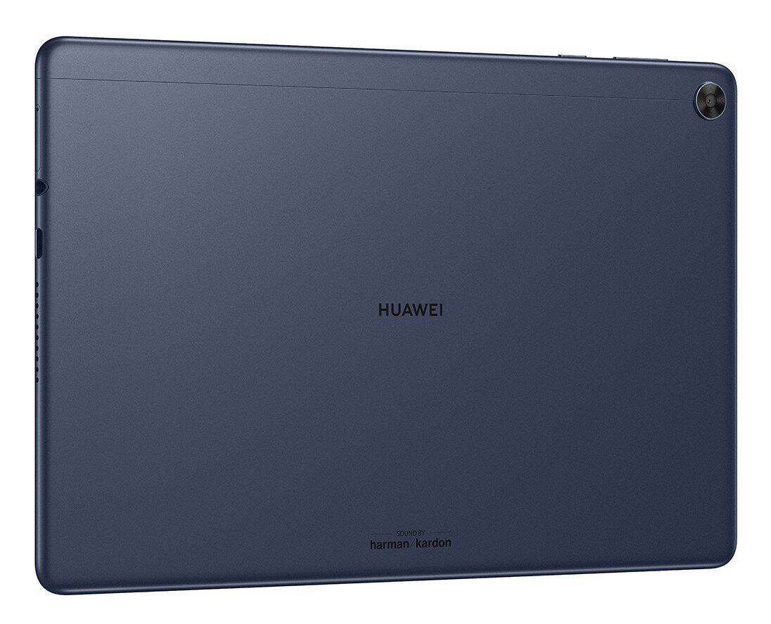Tył niebieskiego tabletu Huawei, pokazujący aparat, logo Huawei i markę 'harman/kardon'.