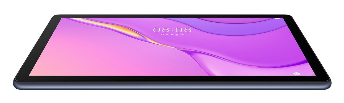 Tablet w trybie poziomym. Ekran wyświetla kolorowy interfejs, z fioletowo-różowym gradientem.