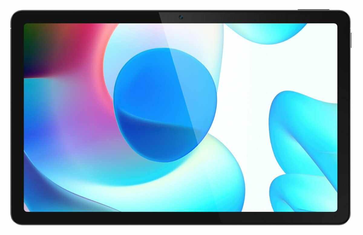 Czarny tablet z kolorowym abstrakcyjnym tłem na ekranie. Tło jest białe.