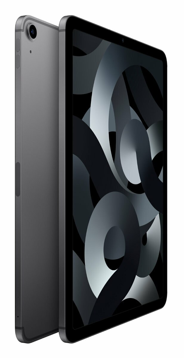 Szary iPad Air, częściowo widoczny, pokazujący ekran i profil boczny na białym tle.