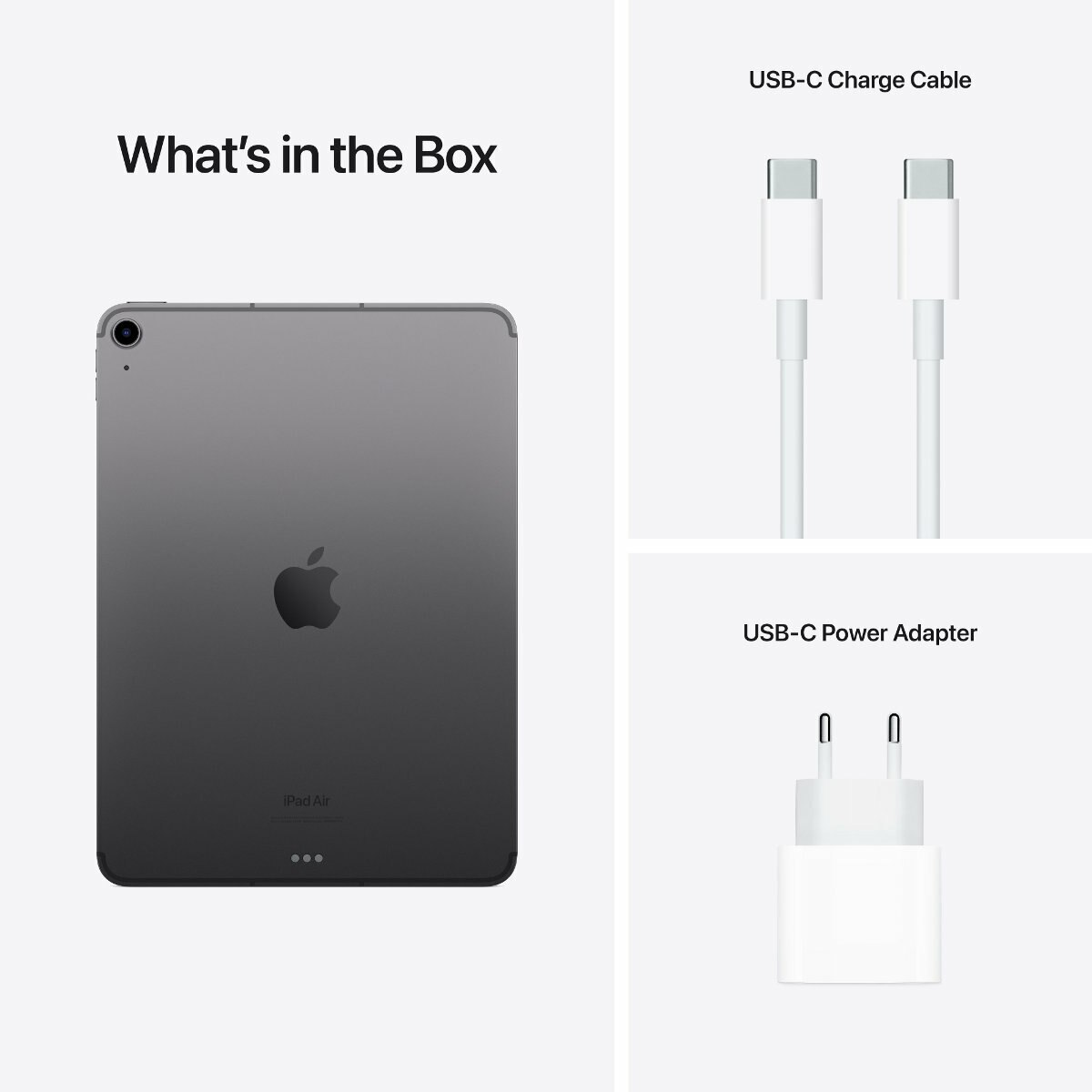 iPad Air, kabel USB-C i adapter. Tekst 'Co jest w pudełku' jest nad iPadem.