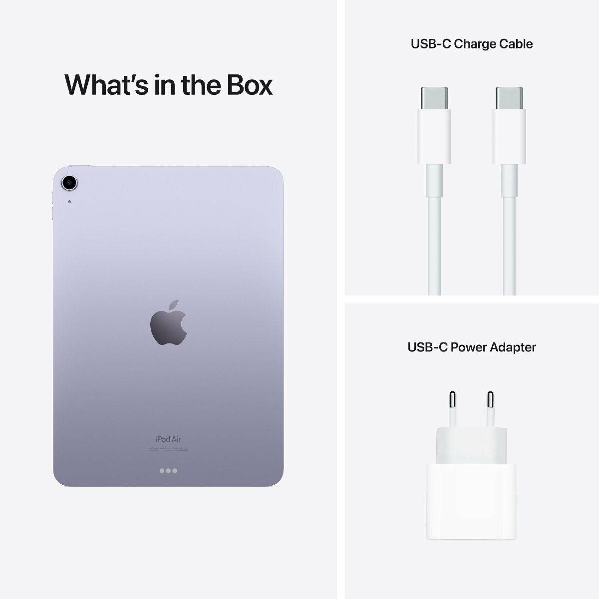 iPad Air, kabel USB-C i zasilacz na białym tle, z napisem 'Co w pudełku'.