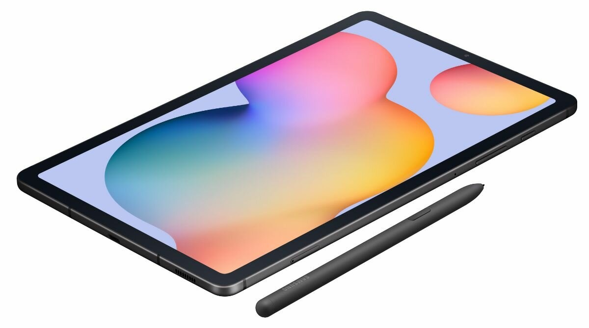 Czarny tablet z rysikiem, nowoczesny design, jasnoniebieski ekran z abstrakcyjnymi kształtami.