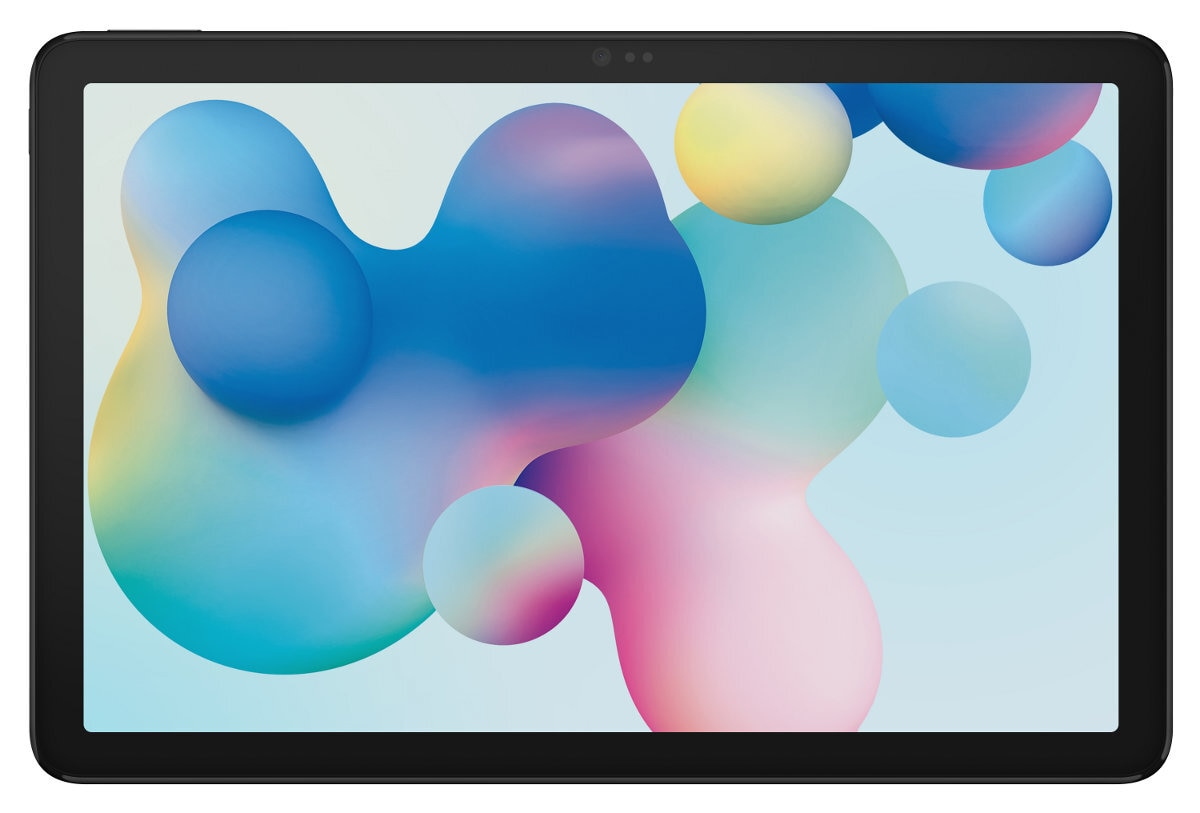 Czarny tablet z kolorowym abstrakcyjnym tłem na ekranie, widok z przodu.