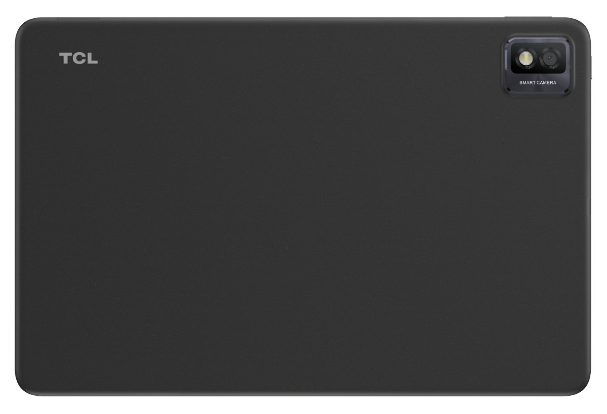 Tył czarnego tabletu. Pokazuje logo TCL i konfigurację podwójnego aparatu.