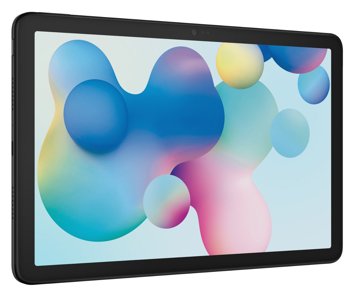 Czarny tablet z kolorowymi abstrakcyjnymi kształtami na ekranie, widok z boku.