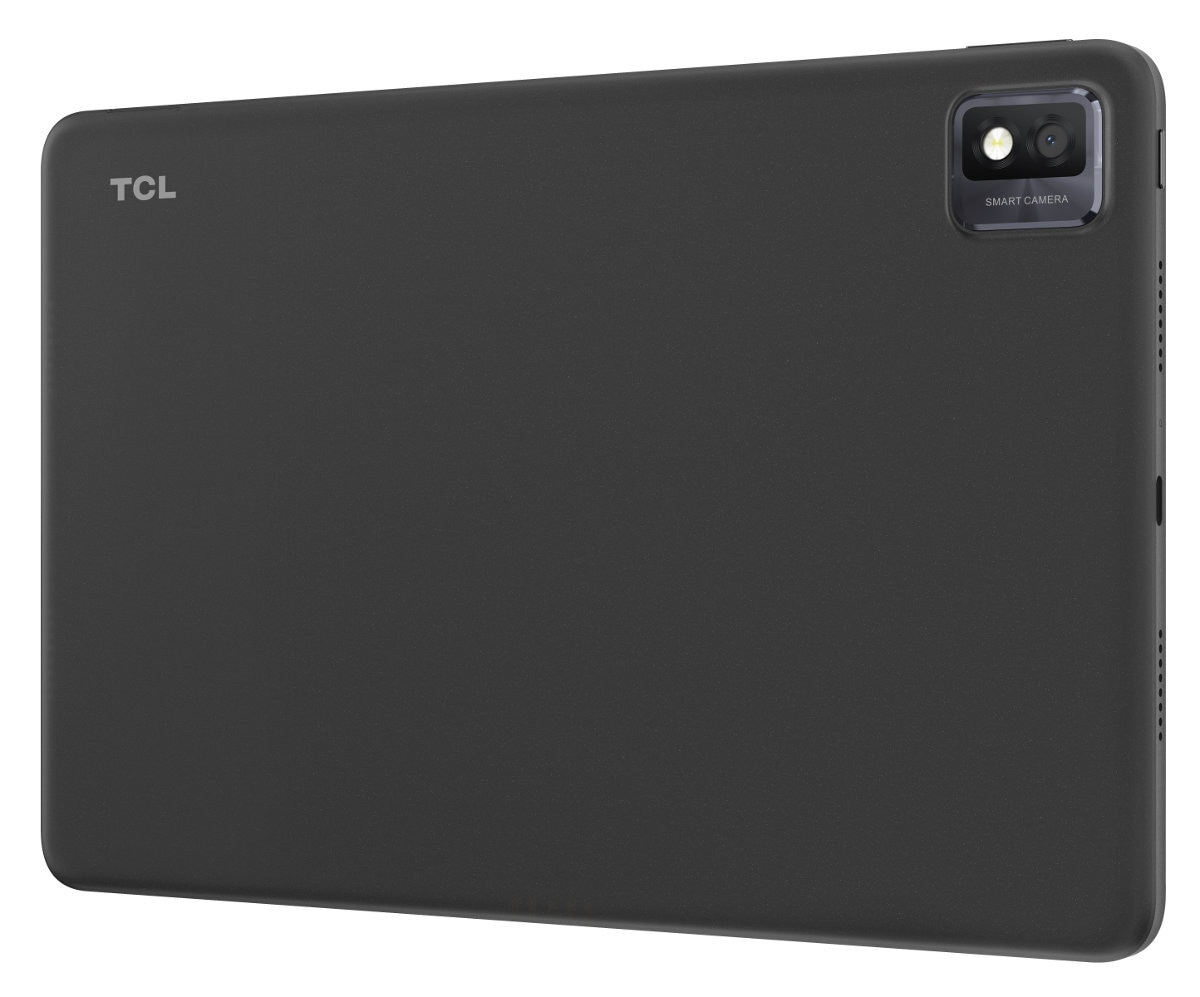 Tył czarnego tabletu TCL. Pokazuje aparat i logo TCL.