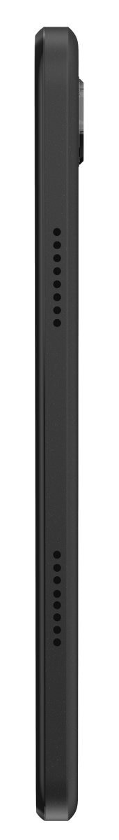 Widok z boku czarnego tabletu. Ma otwory głośnikowe i wypukłość kamery na górze.