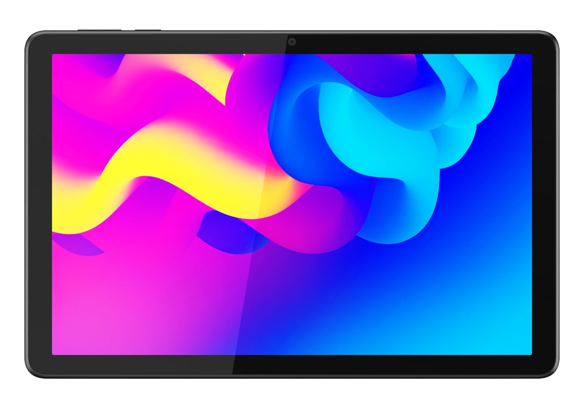 Tablet z kolorowym wyświetlaczem, pokazujący niebieskie, różowe i żółte abstrakcyjne kształty.