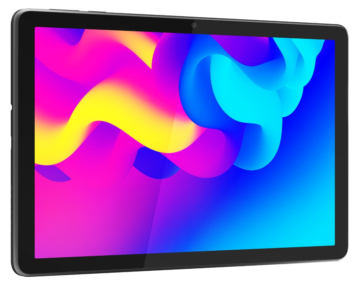 Tablet z żywym, abstrakcyjnym wzorem w kolorach niebieskim, żółtym i różowym na ekranie.