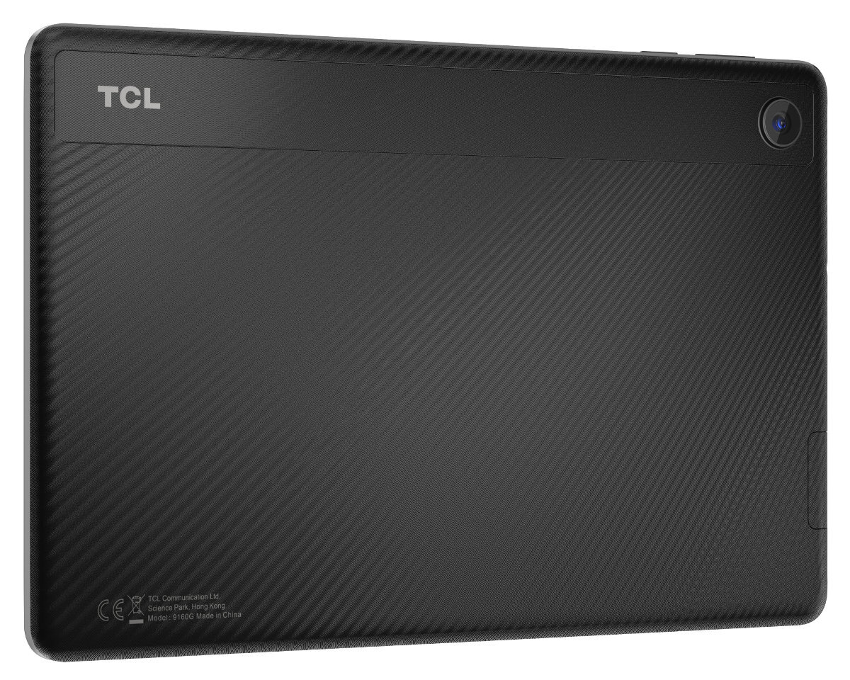 Tył czarnego tabletu, logo TCL, aparat i tekst.