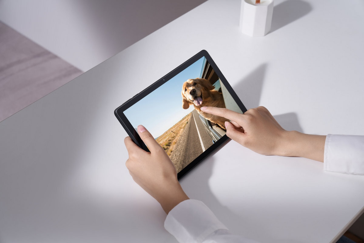 Tablet wyświetla psa w oknie samochodu. Ręka dotyka ekranu. Białe tło.