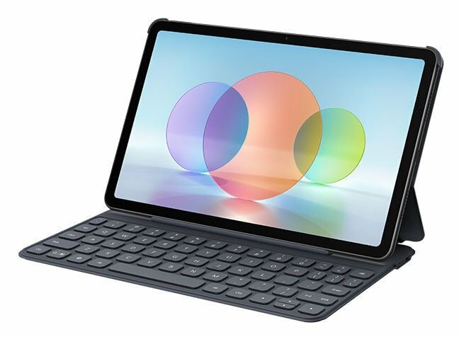 Tablet z klawiaturą, wyświetlacz pokazuje kolorowe abstrakcyjne kształty. Ciemnoniebieski.