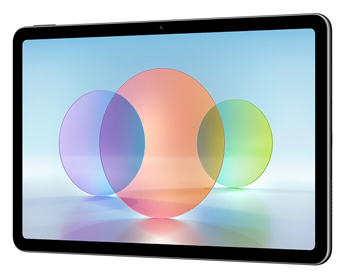 Tablet z kolorowymi okręgami na ekranie. Tablet jest czarny.