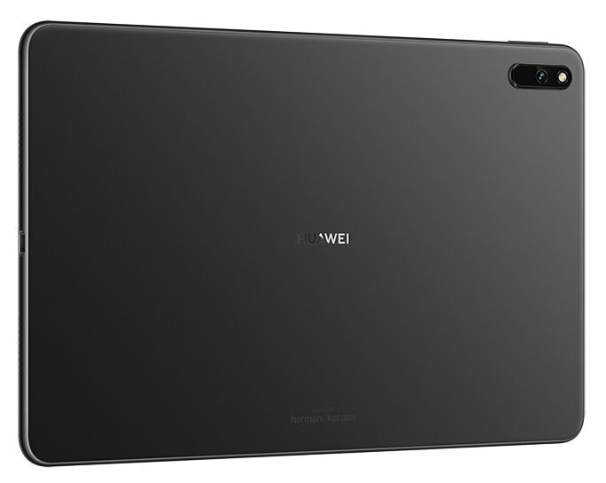 Czarny tył tabletu z marką HUAWEI i aparatem. Tekst Harman Kardon poni żej.